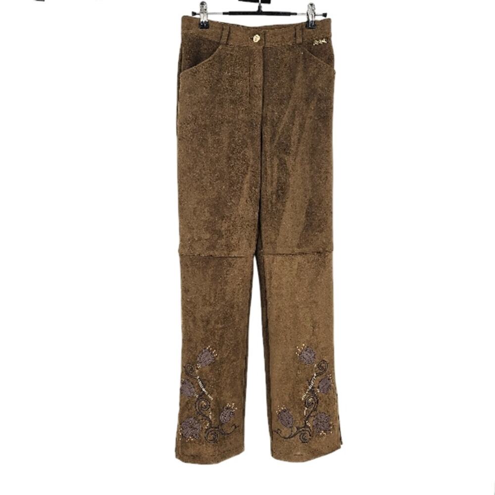 St. John Trousers Pants Brown Suede Wide Leg High Rise Floral Embroidered Size 2